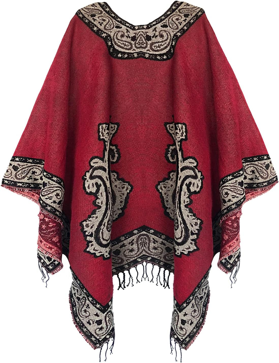 Women'S Retro Style Vintage Pattern Tassel Poncho Shawl Cape Wraps for Women