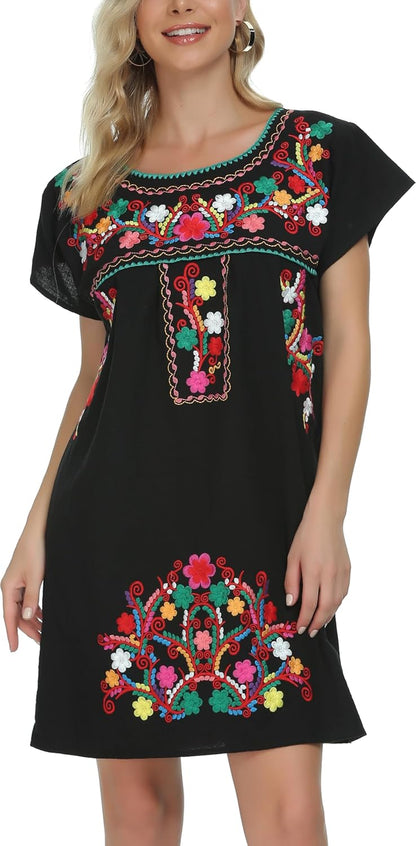 Women Mexican Embroidered Dress Short Sleeve