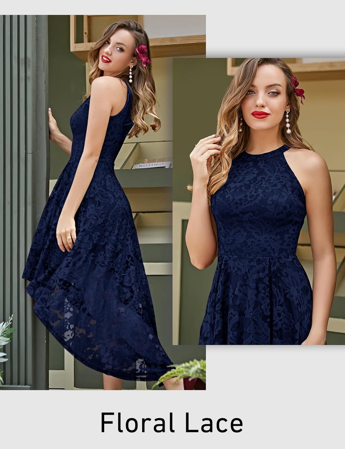 Women Halter Lace Wedding Guest Dress Hi-Lo Cocktail Party Bridesmaid Formal Dresses