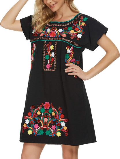 Women Mexican Embroidered Dress Short Sleeve