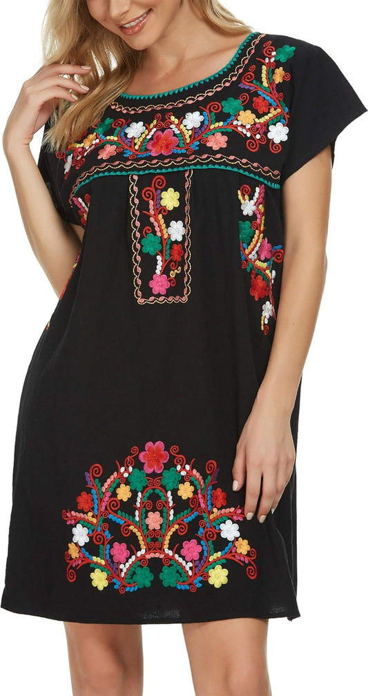 Women Mexican Embroidered Dress Short Sleeve