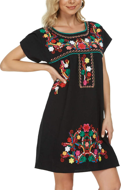 Women Mexican Embroidered Dress Short Sleeve