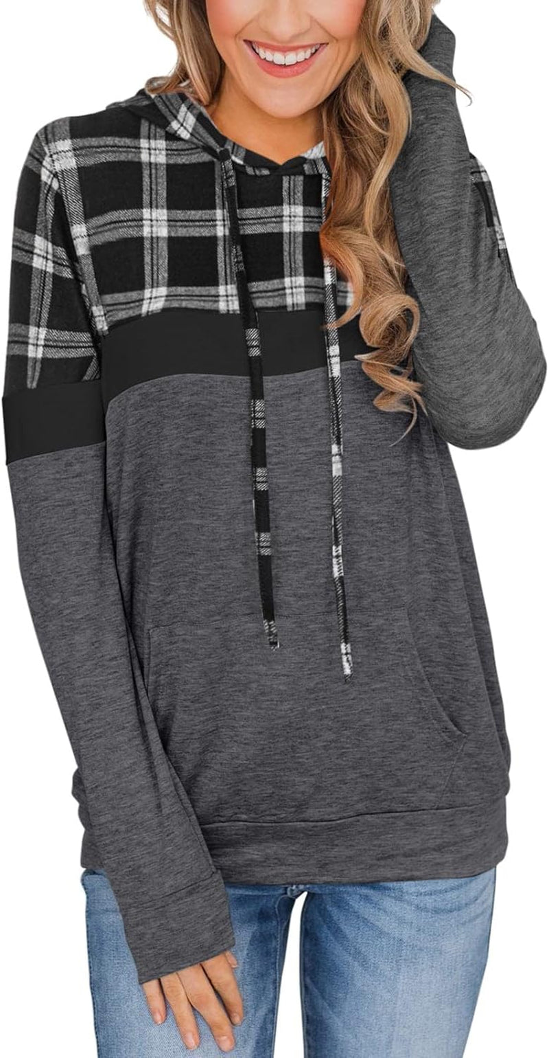 Women'S Hoodies Pollover Long Sleeve Color Block Plaid Shirts Hooded Sweatshirts with Pocket Black Plaid Small