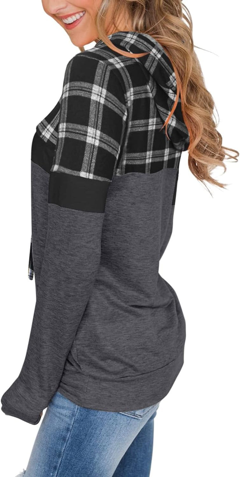 Women'S Hoodies Pollover Long Sleeve Color Block Plaid Shirts Hooded Sweatshirts with Pocket Black Plaid Small