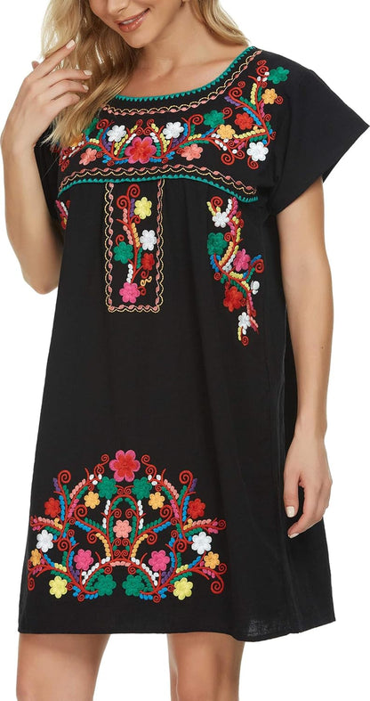 Women Mexican Embroidered Dress Short Sleeve