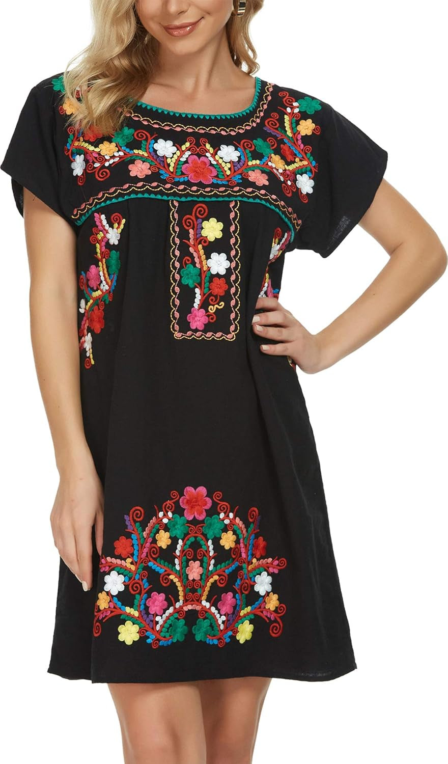 Women Mexican Embroidered Dress Short Sleeve