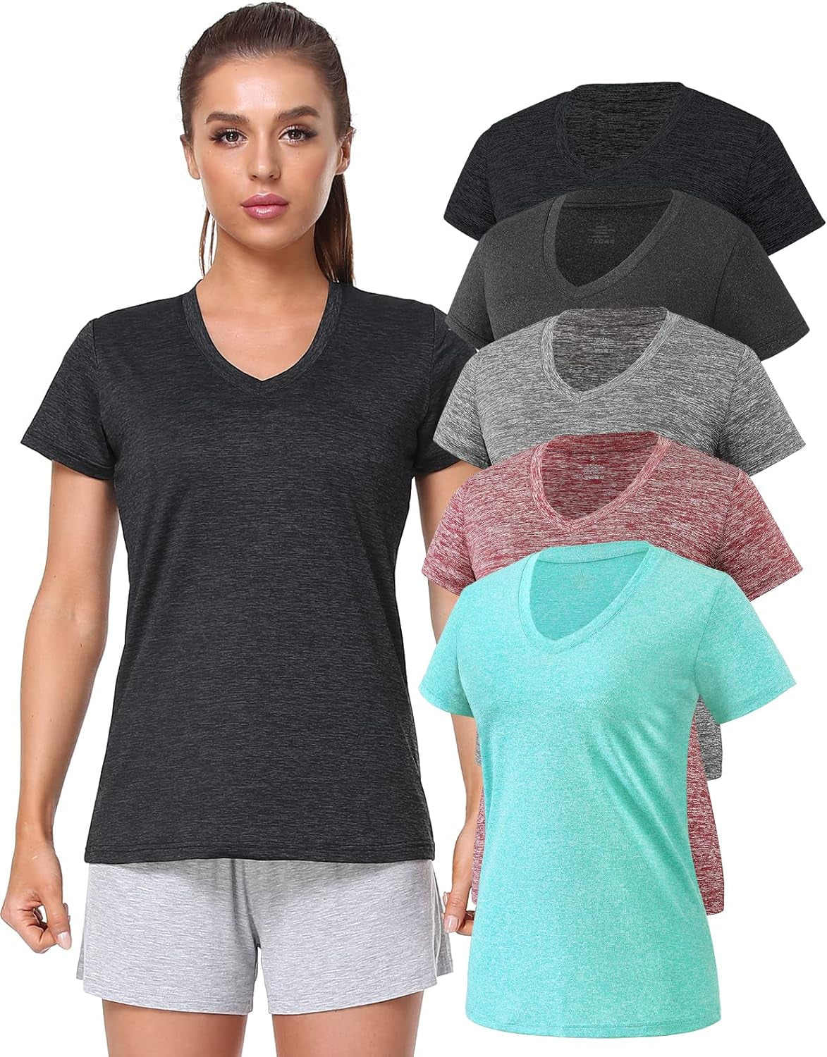 5-Pack Women'S Short Sleeve Dry Fit T-Shirt Moisture Wicking Athletic V-Neck Tee