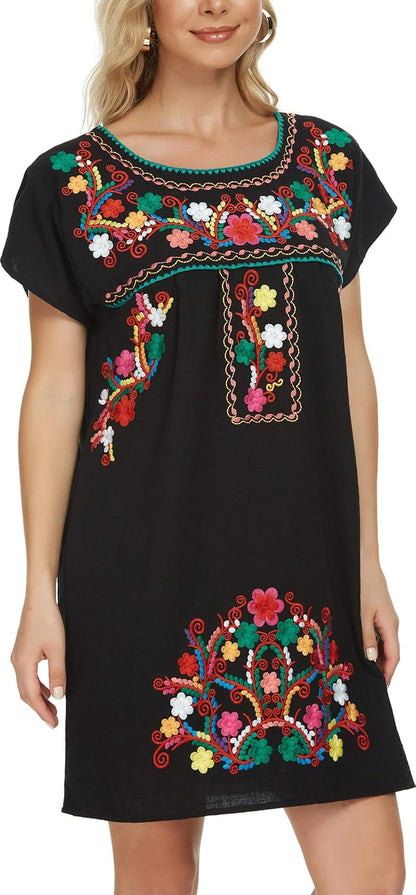 Women Mexican Embroidered Dress Short Sleeve