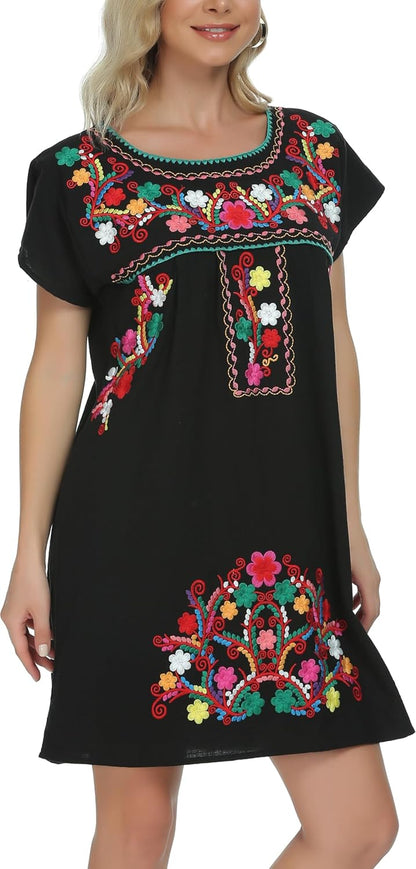 Women Mexican Embroidered Dress Short Sleeve