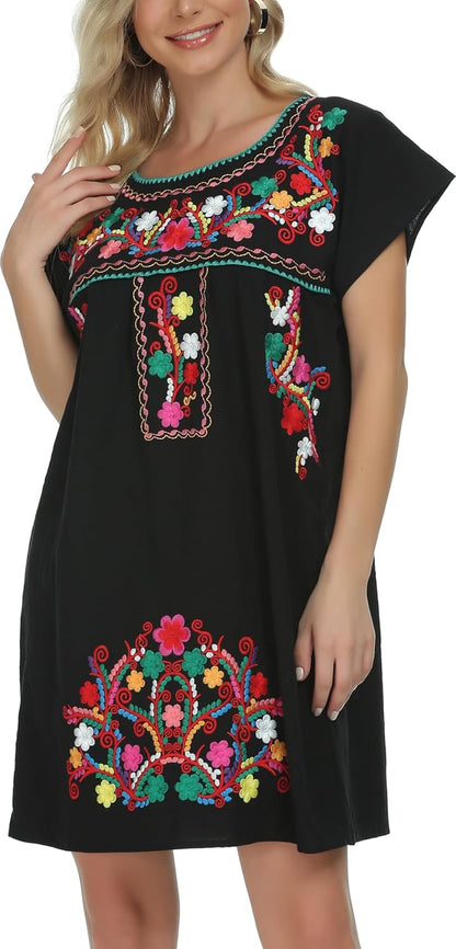 Women Mexican Embroidered Dress Short Sleeve