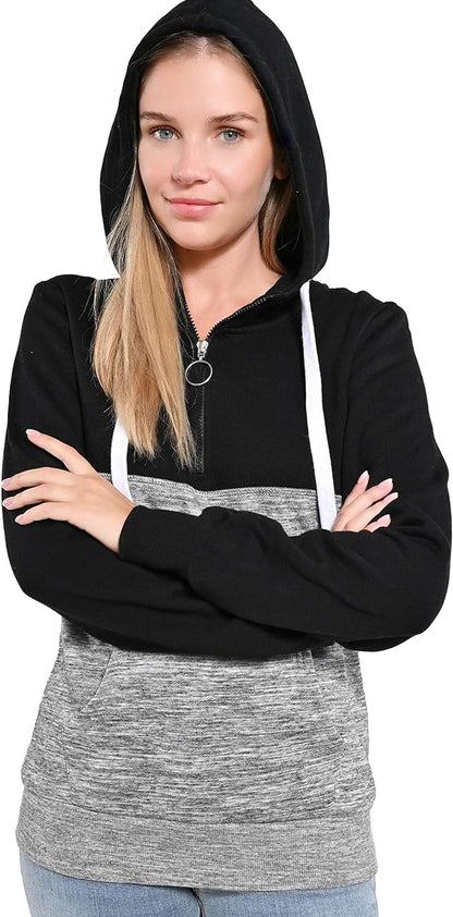 Women'S Ultra Soft Fleece Comfortable Lightweight Casual Active Stylish Two Color Block 1/4 Zip up Pullover Hoodie Sweatshirt, Black, X-Small