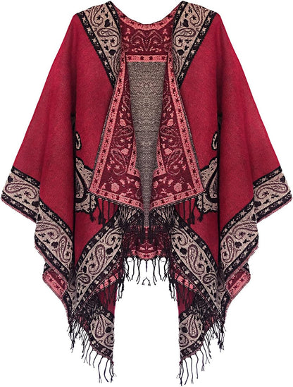 Women'S Retro Style Vintage Pattern Tassel Poncho Shawl Cape Wraps for Women