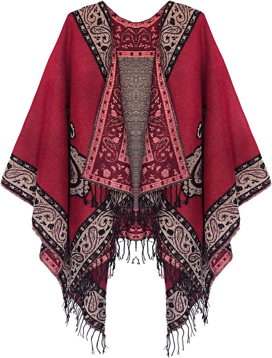 Women'S Retro Style Vintage Pattern Tassel Poncho Shawl Cape Wraps for Women